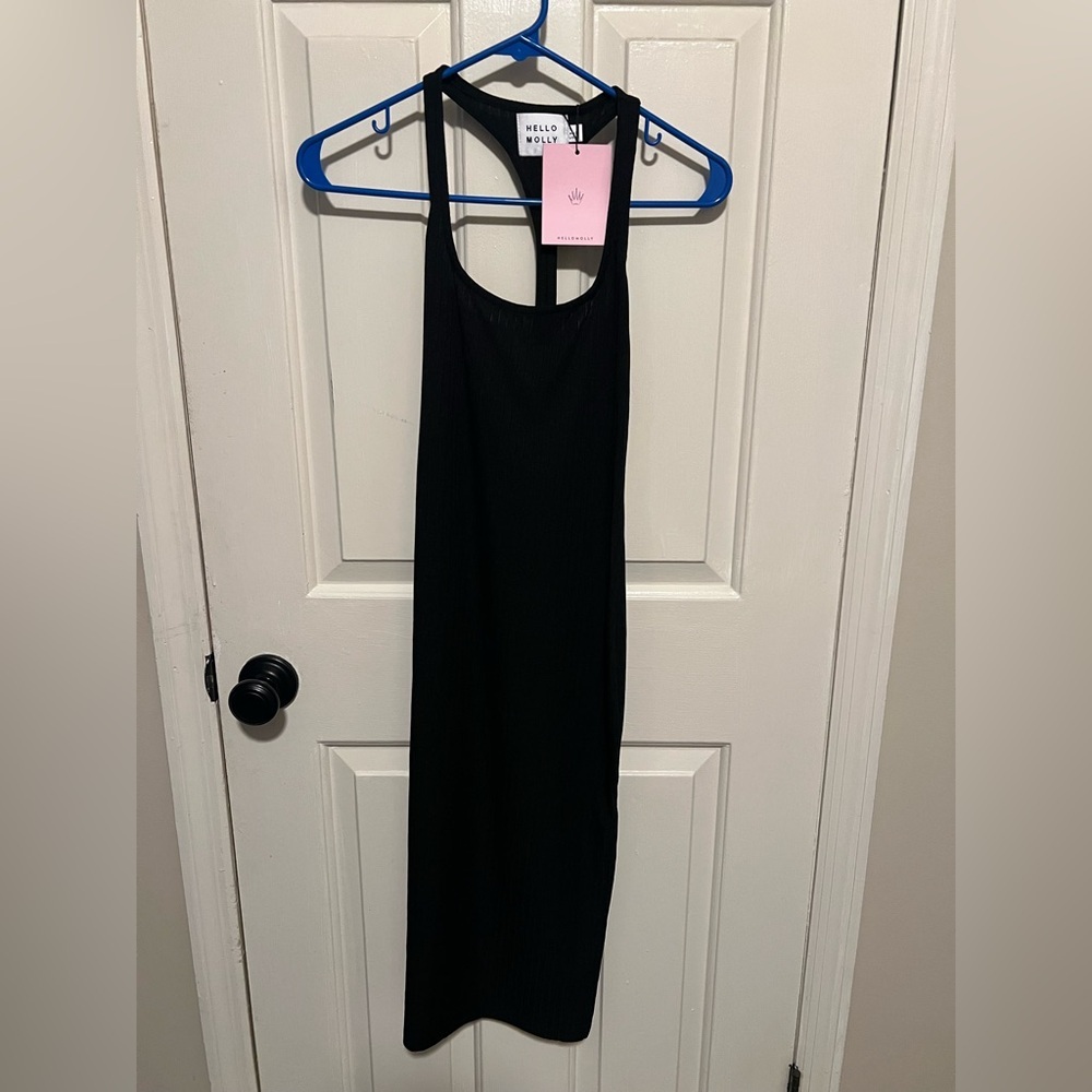 Hello Molly Black Midi Sheath Dress Scoop Neck Sleeveless